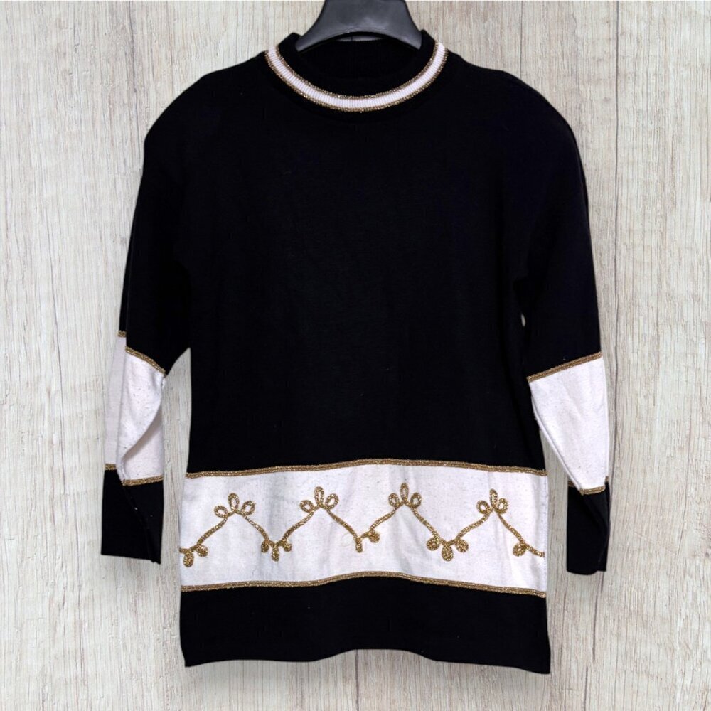 Alexandra Jordyn Vintage Black & Cream Sweater Gold Metallic Embroidery Holiday